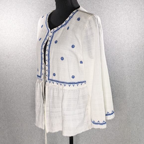 True Craft Jacket L White 100% Cotton Blue Embroidered Boho Peplum Tie Raw Hems - Picture 14 of 15